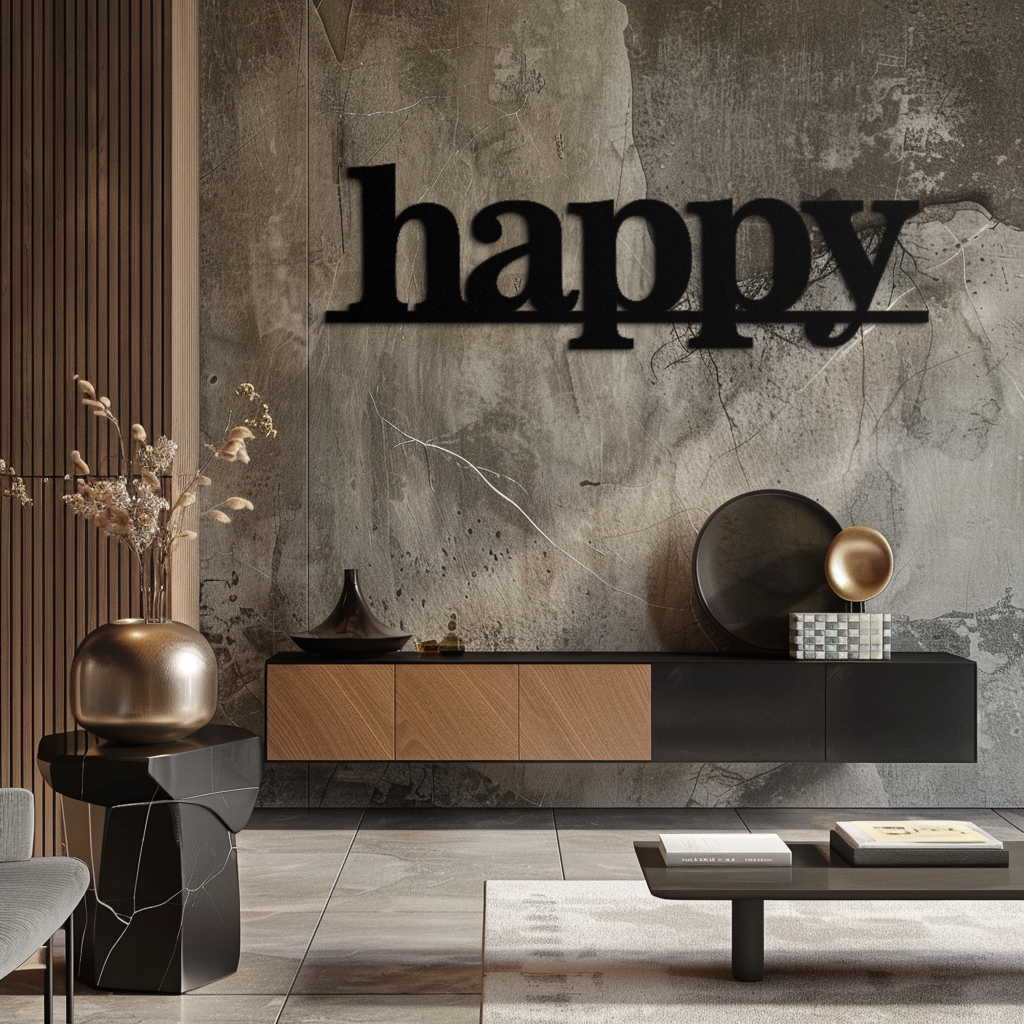 Happy Metal Wall Art Word Sign - Modern Minimalist Steel Home Decor