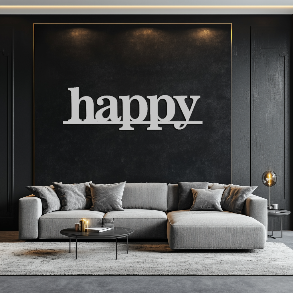 Happy Metal Wall Art Word Sign - Modern Minimalist Steel Home Decor
