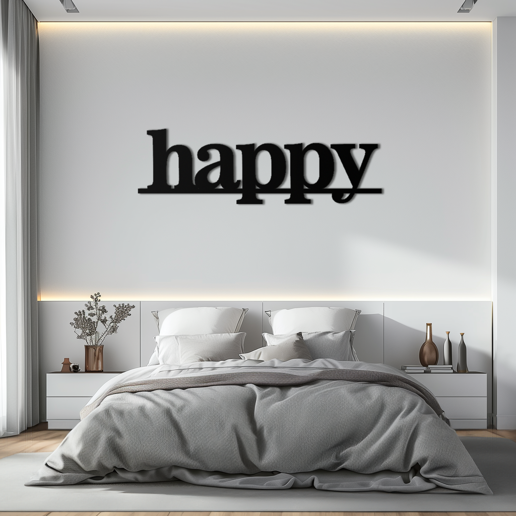 Happy Metal Wall Art Word Sign - Modern Minimalist Steel Home Decor