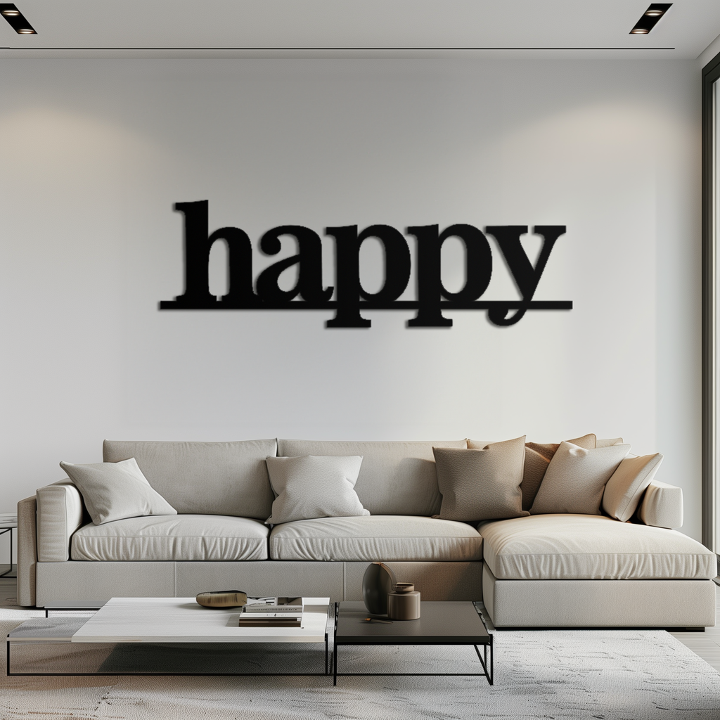 Happy Metal Wall Art Word Sign - Modern Minimalist Steel Home Decor