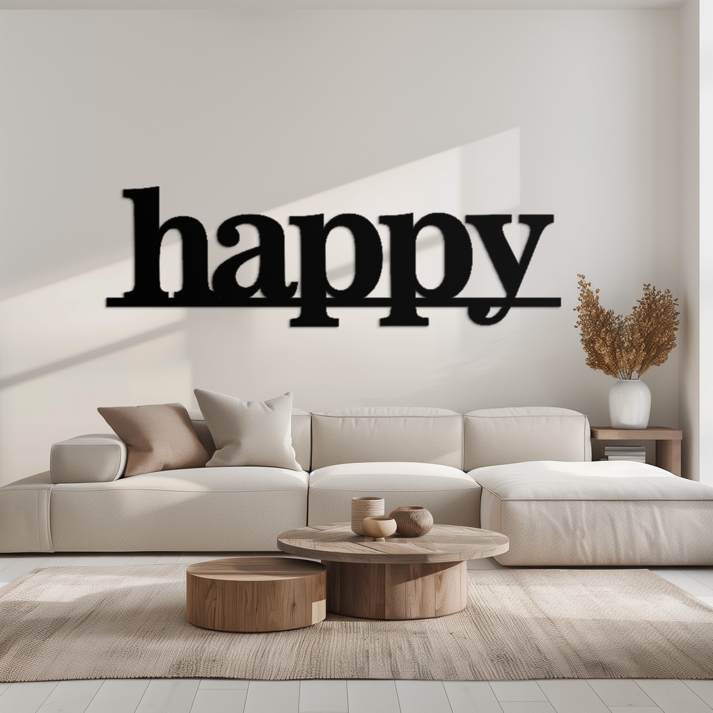 Happy Metal Wall Art Word Sign - Modern Minimalist Steel Home Decor