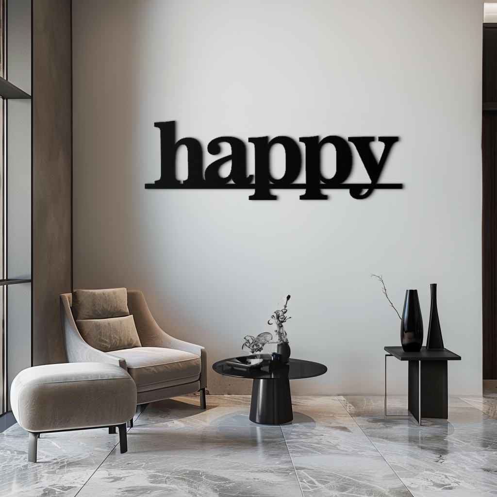 Happy Metal Wall Art Word Sign - Modern Minimalist Steel Home Decor