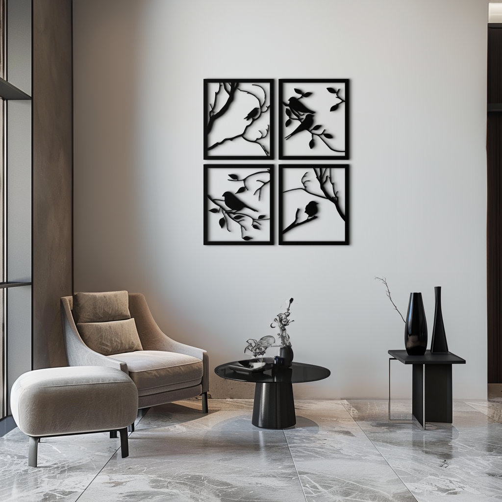 Steel Bird Silhouette Wall Art - 4-Piece Modern Home Decor Sculptural Accent Set