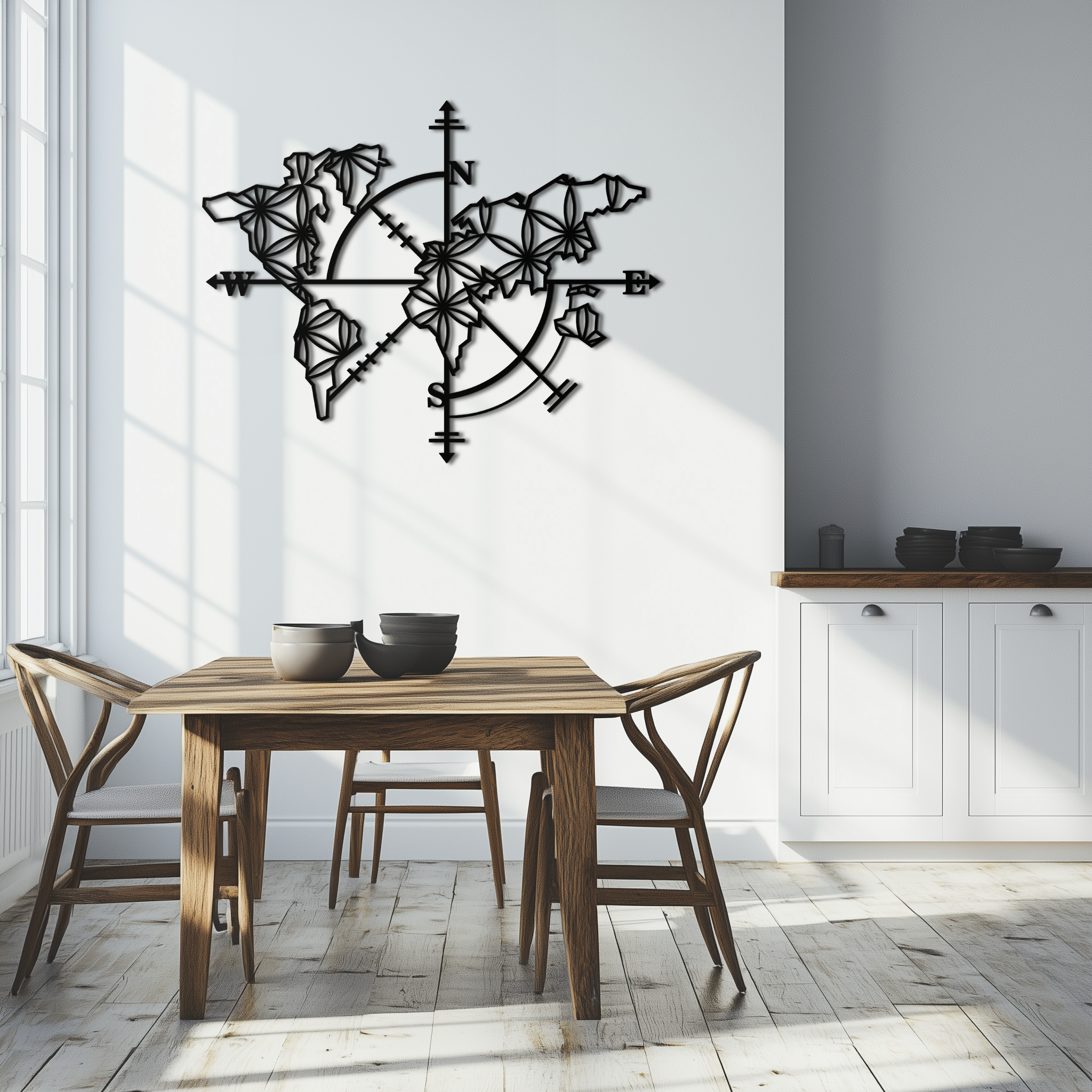 Metal Geometric World Map Wall Art - Modern Compass Inspired