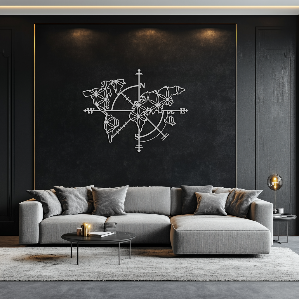 Metal Geometric World Map Wall Art - Modern Compass Inspired