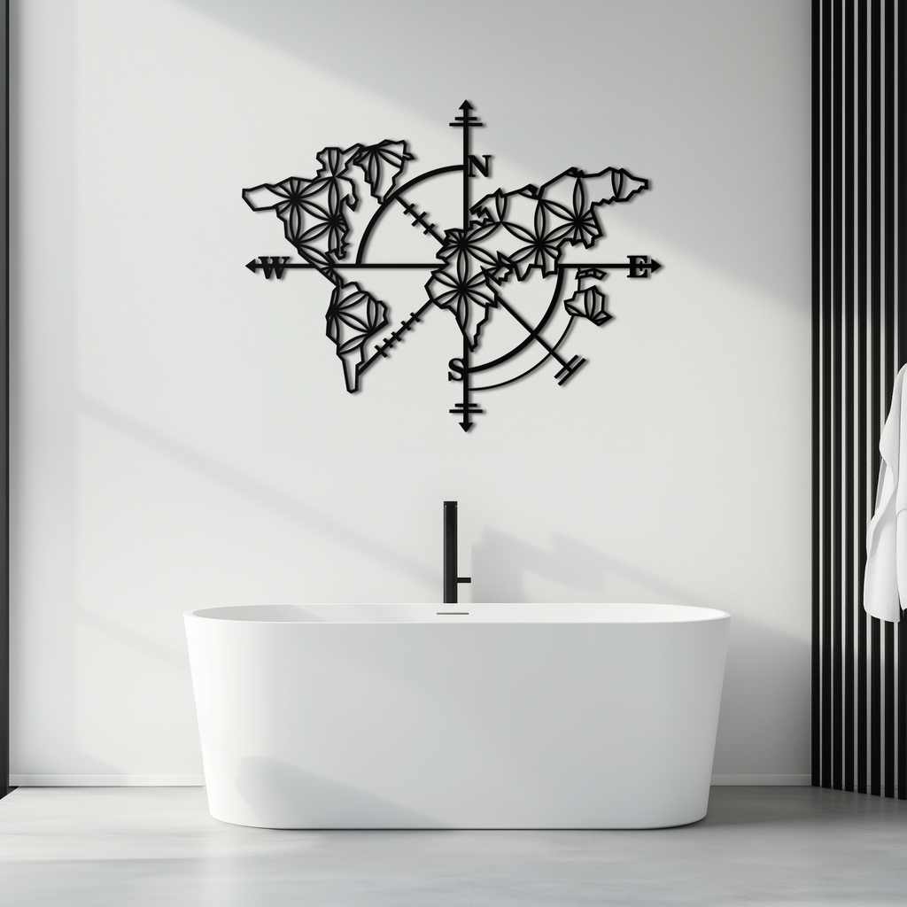 Metal Geometric World Map Wall Art - Modern Compass Inspired