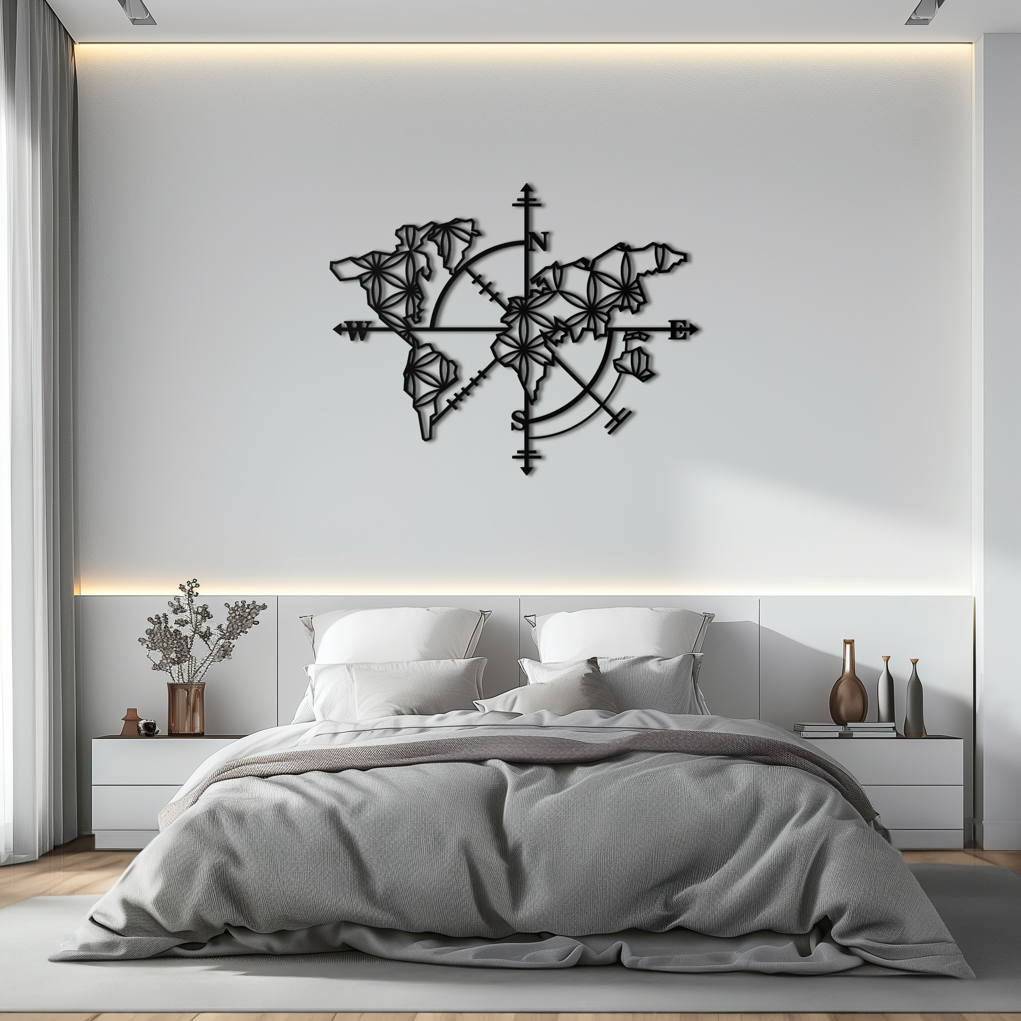 Metal Geometric World Map Wall Art - Modern Compass Inspired