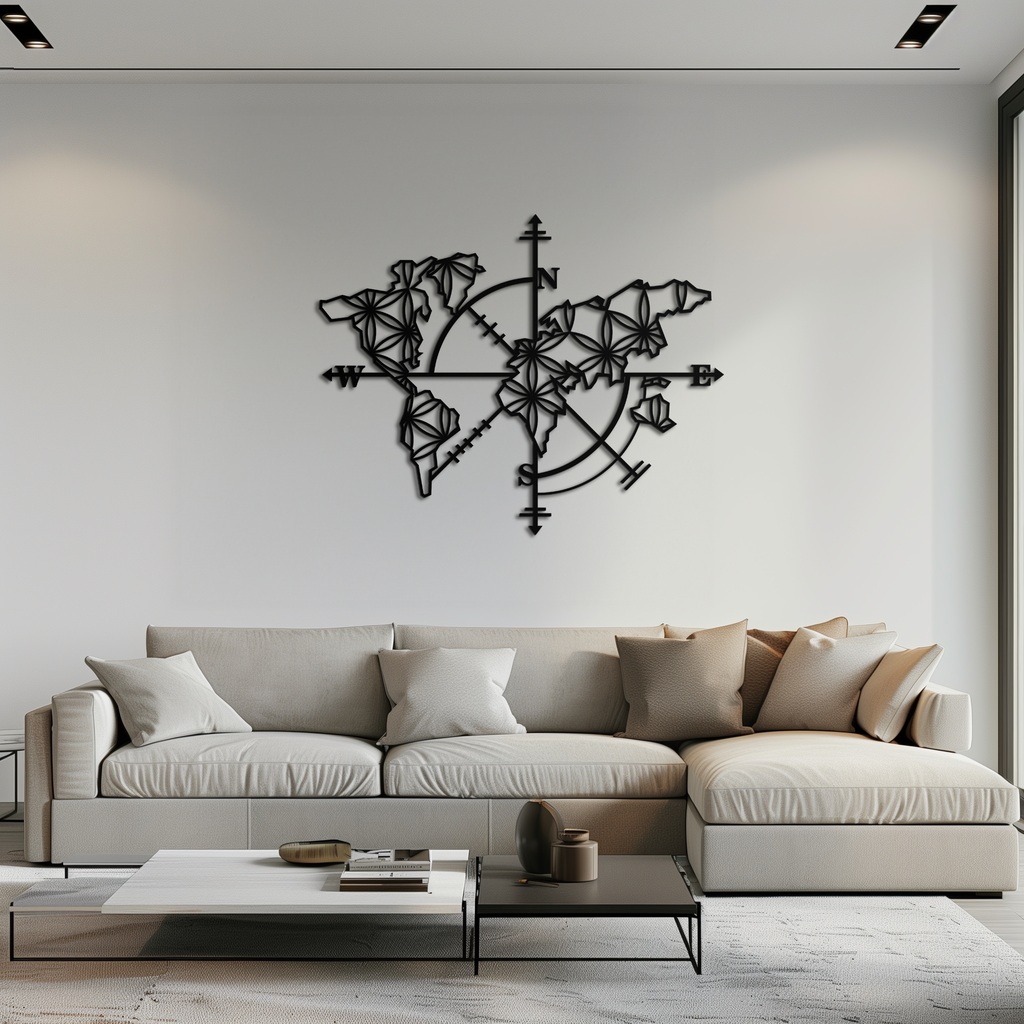 Metal Geometric World Map Wall Art - Modern Compass Inspired