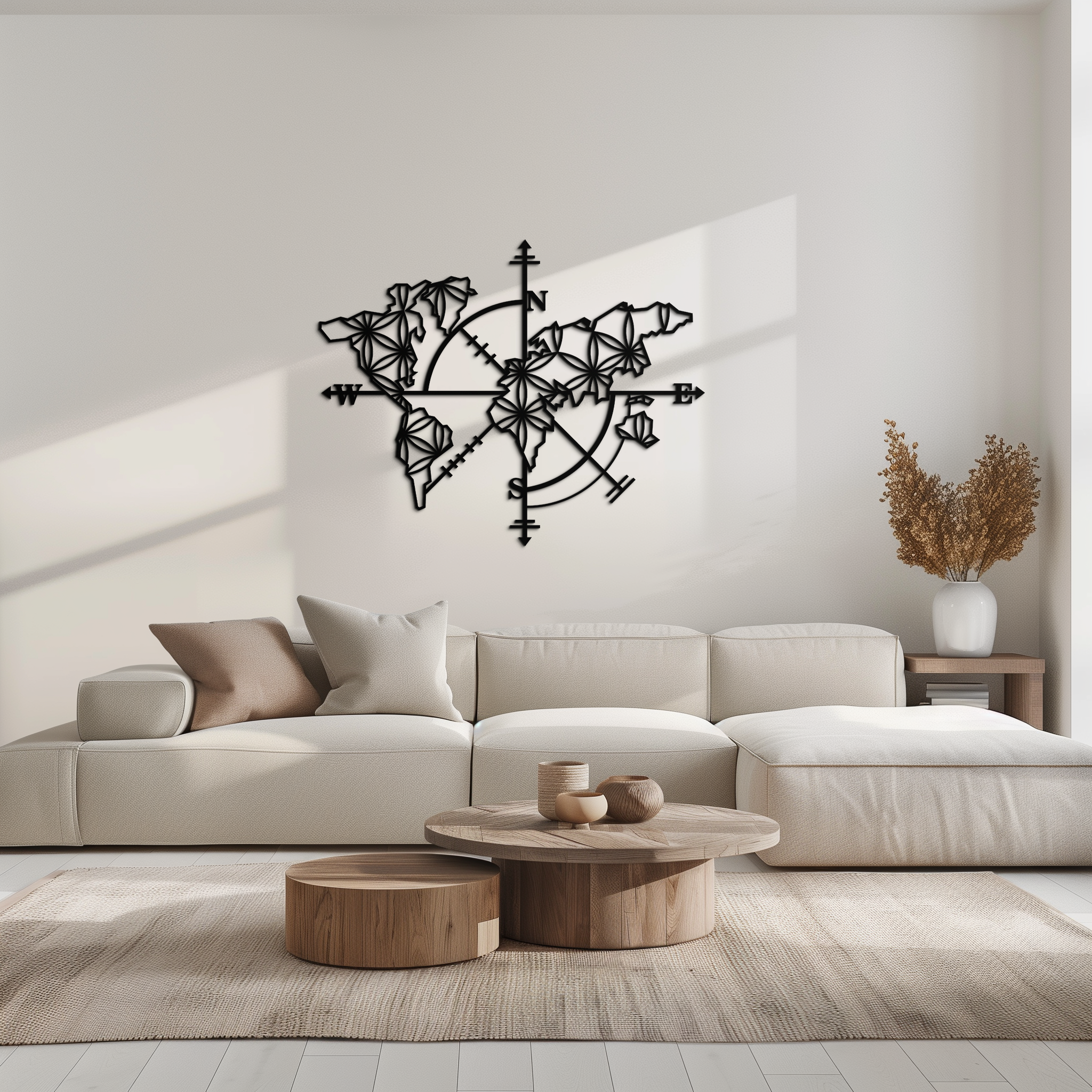 Metal Geometric World Map Wall Art - Modern Compass Inspired