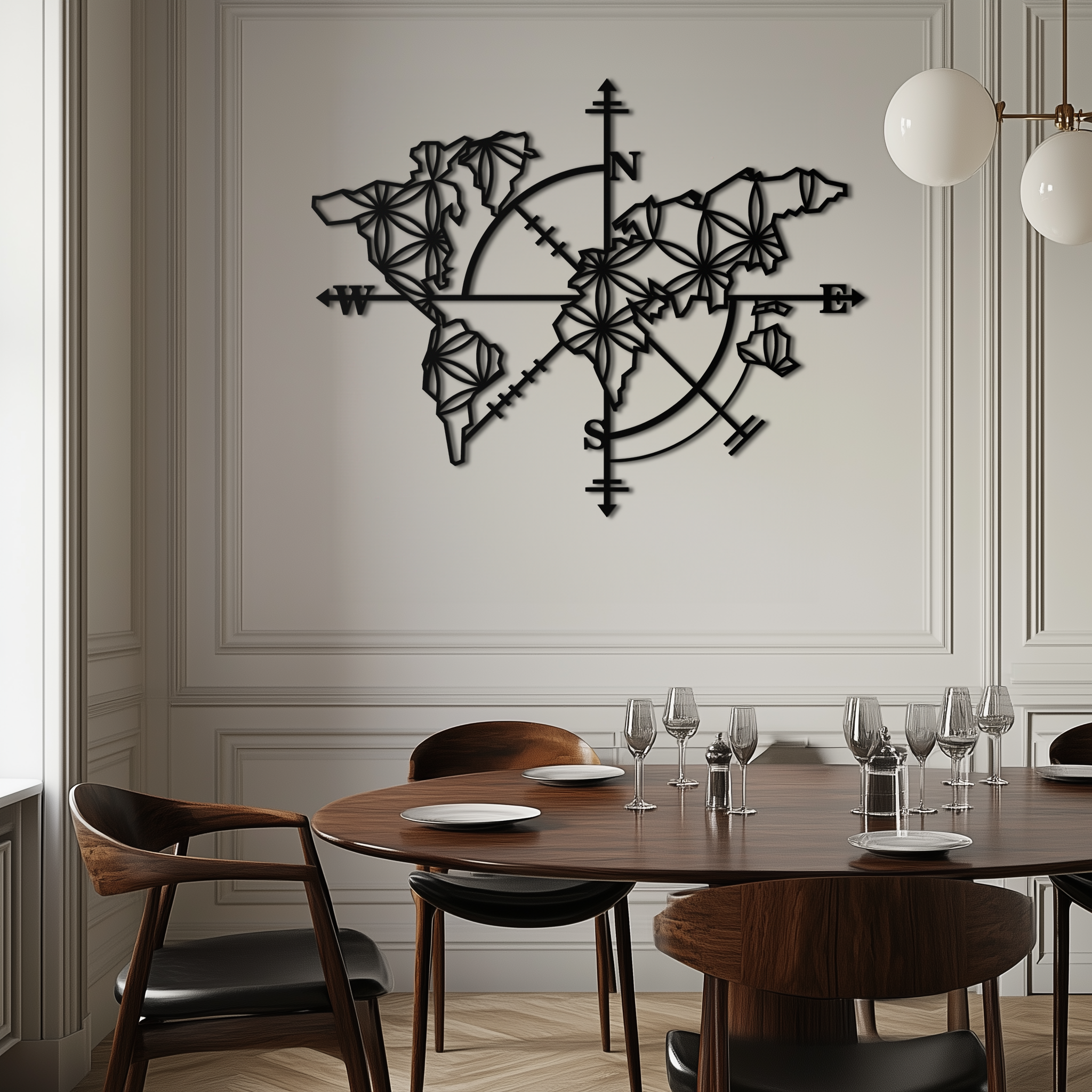Metal Geometric World Map Wall Art - Modern Compass Inspired