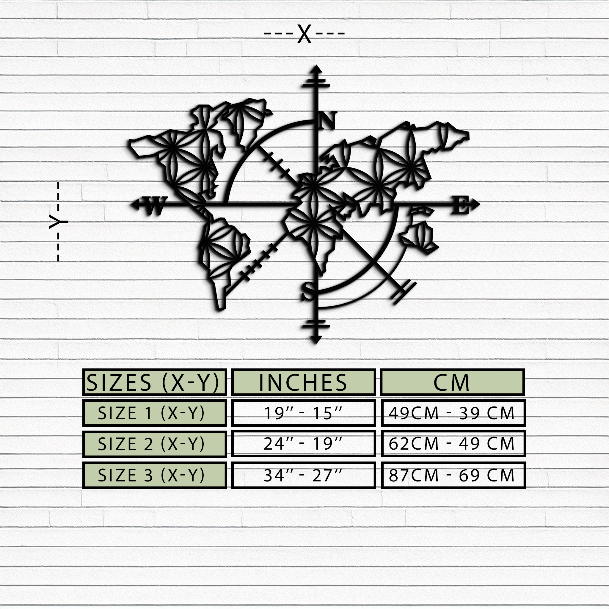 Metal Geometric World Map Wall Art - Modern Compass Inspired
