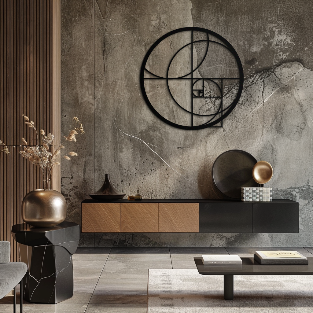 Golden Circular Metal Wall Art - Fibonacci Spiral Geometric Design