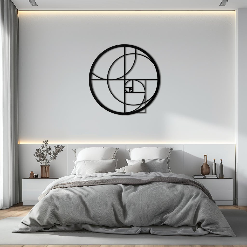 Golden Circular Metal Wall Art - Fibonacci Spiral Geometric Design