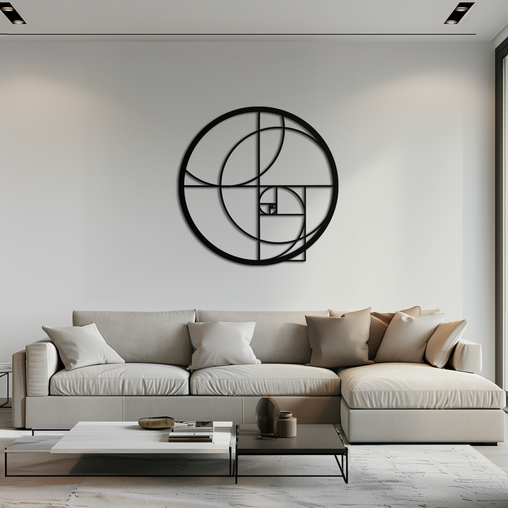 Golden Circular Metal Wall Art - Fibonacci Spiral Geometric Design