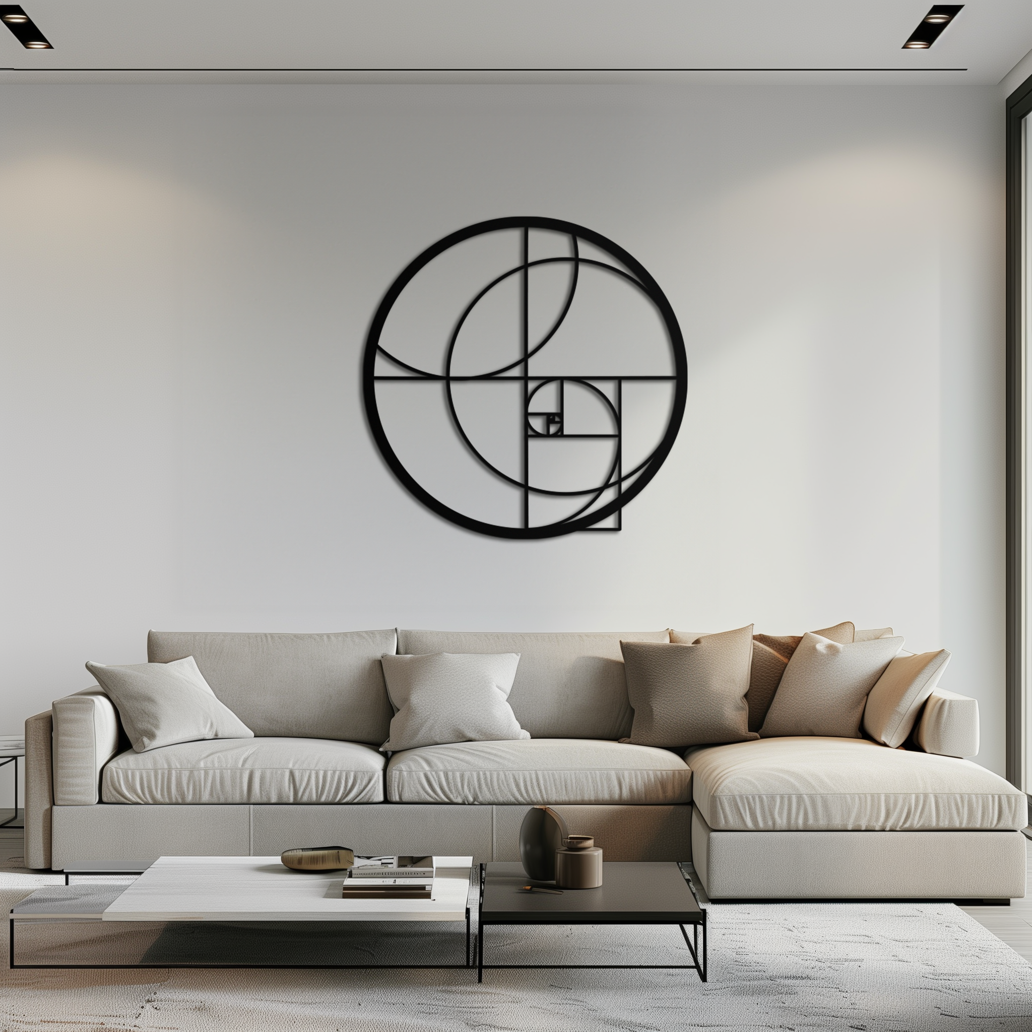 Golden Circular Metal Wall Art - Fibonacci Spiral Geometric Design