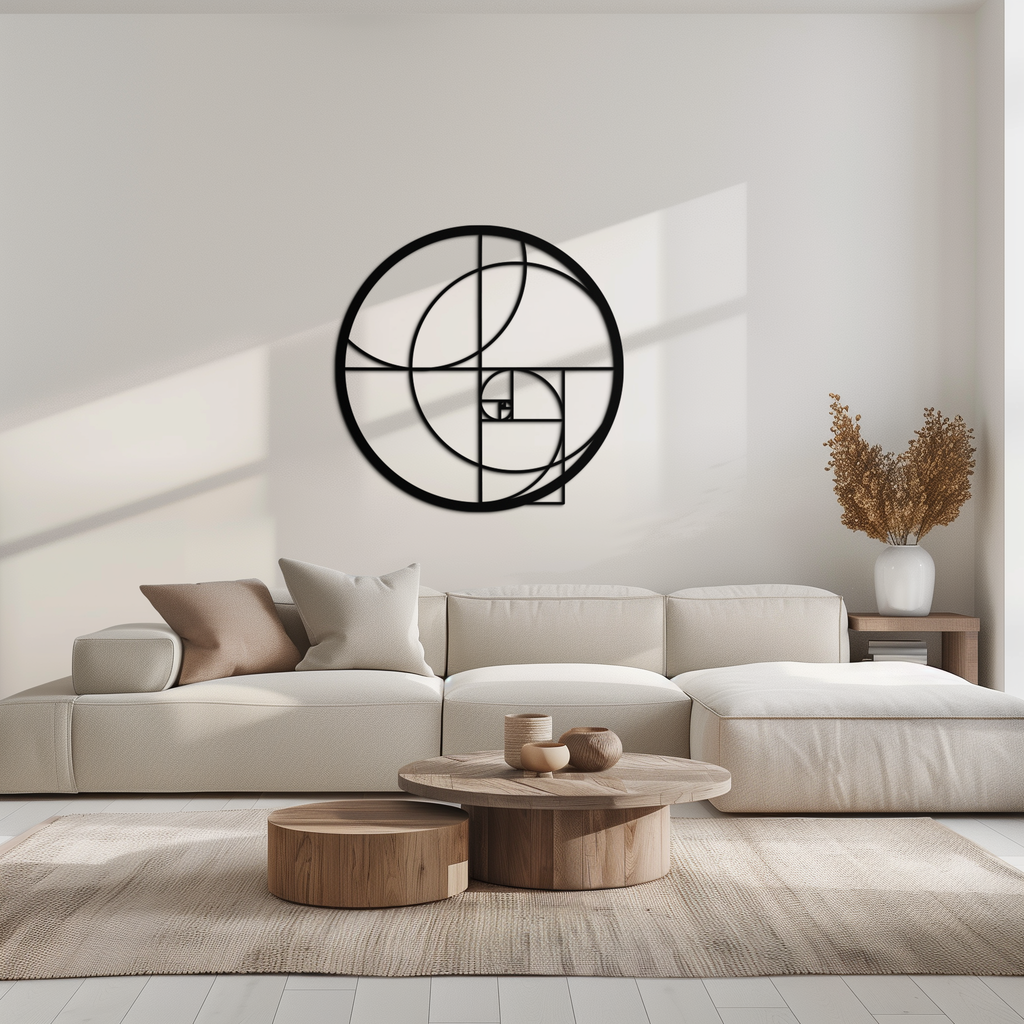 Golden Circular Metal Wall Art - Fibonacci Spiral Geometric Design