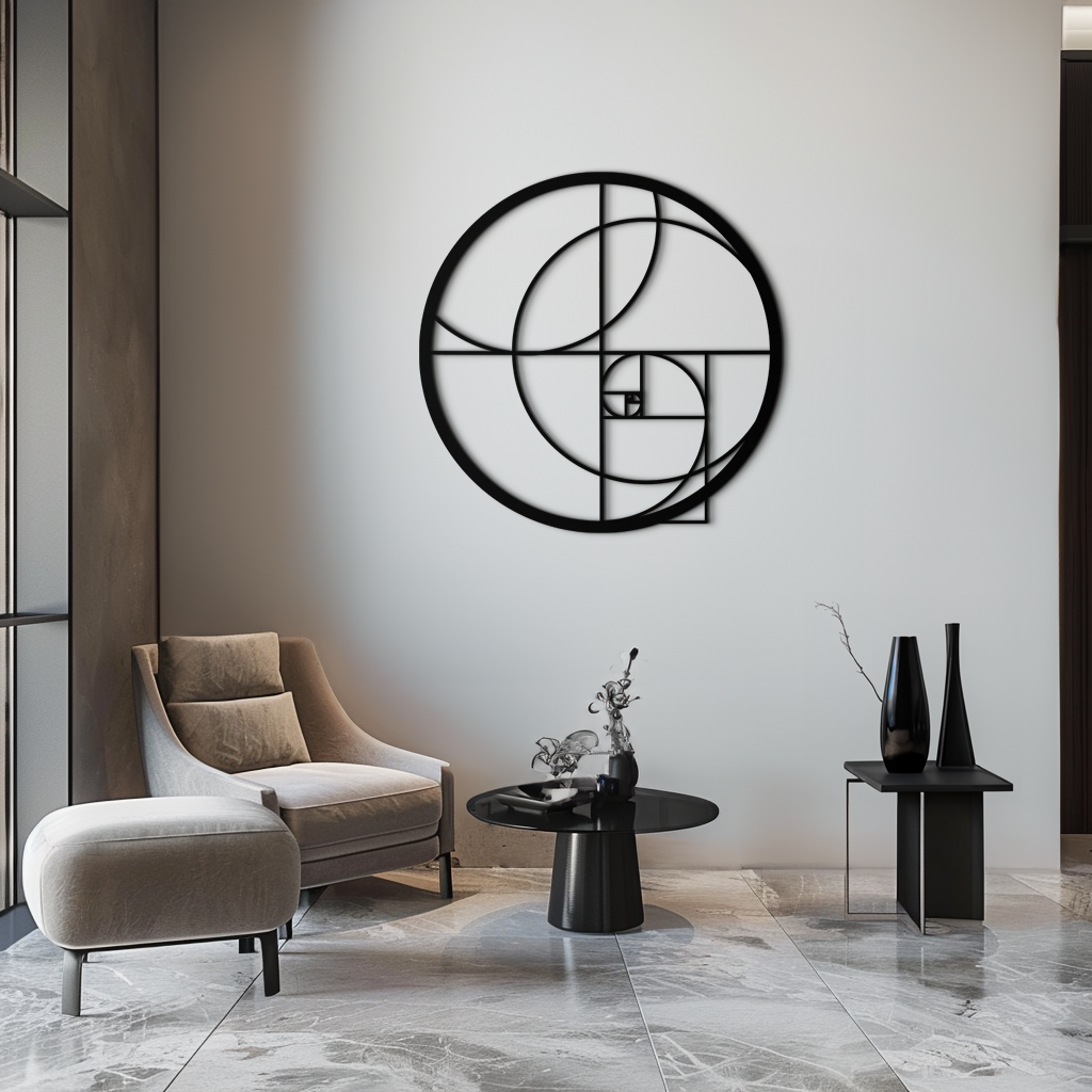 Golden Circular Metal Wall Art - Fibonacci Spiral Geometric Design