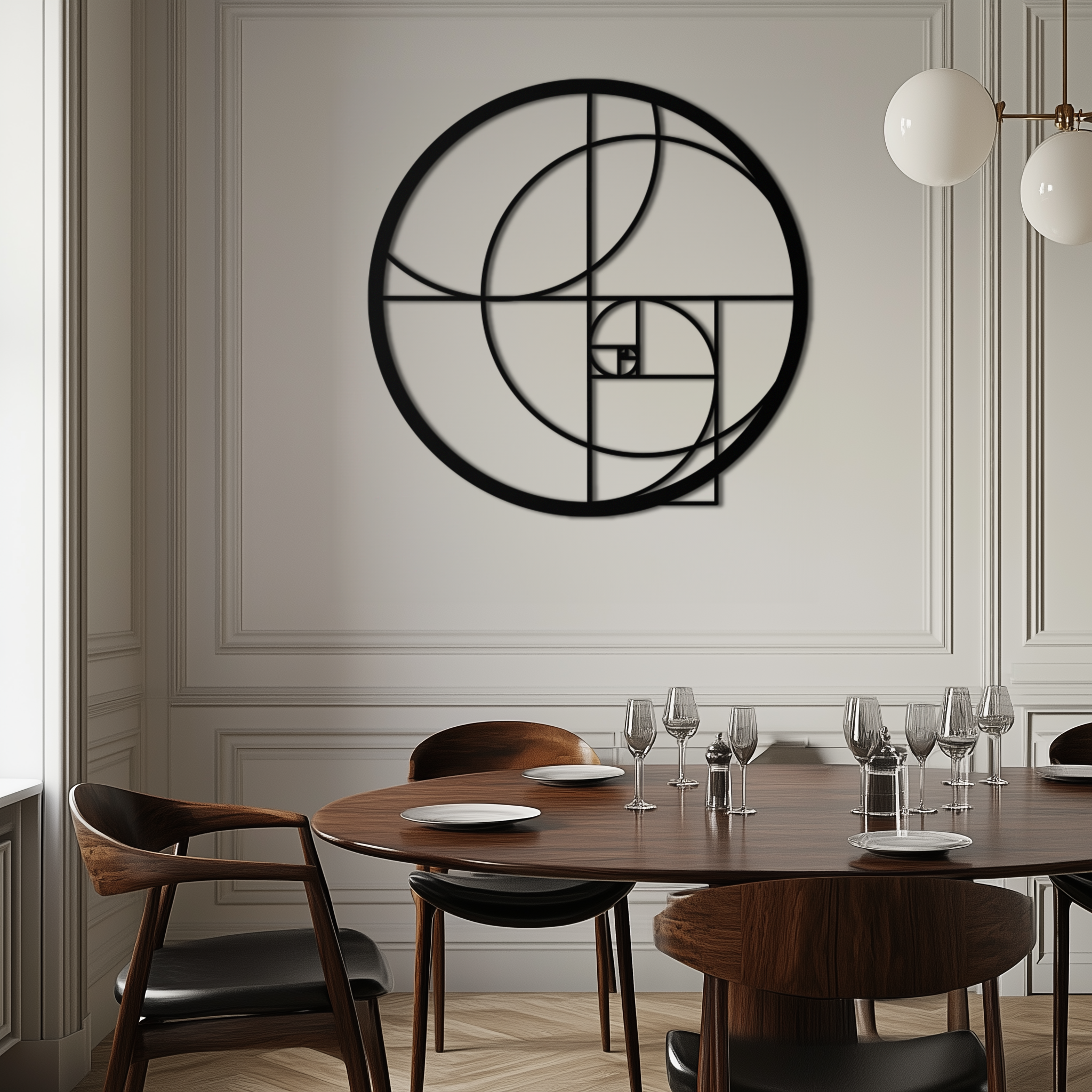 Golden Circular Metal Wall Art - Fibonacci Spiral Geometric Design