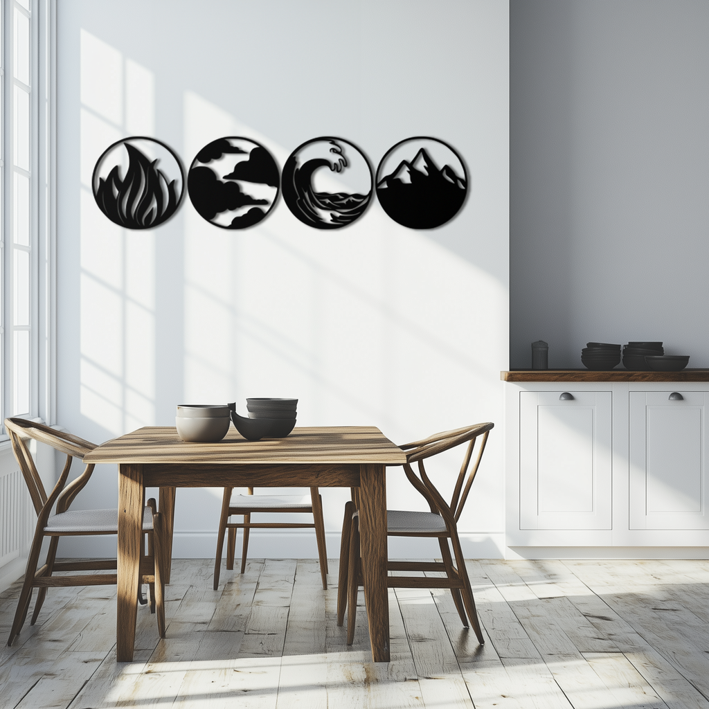 Steel Metal Wall Art Set Four Elements Fire Water Air Earth Handcrafted Geometric