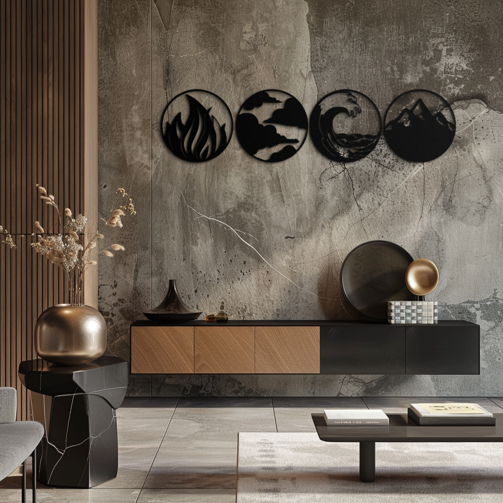 Steel Metal Wall Art Set Four Elements Fire Water Air Earth Handcrafted Geometric