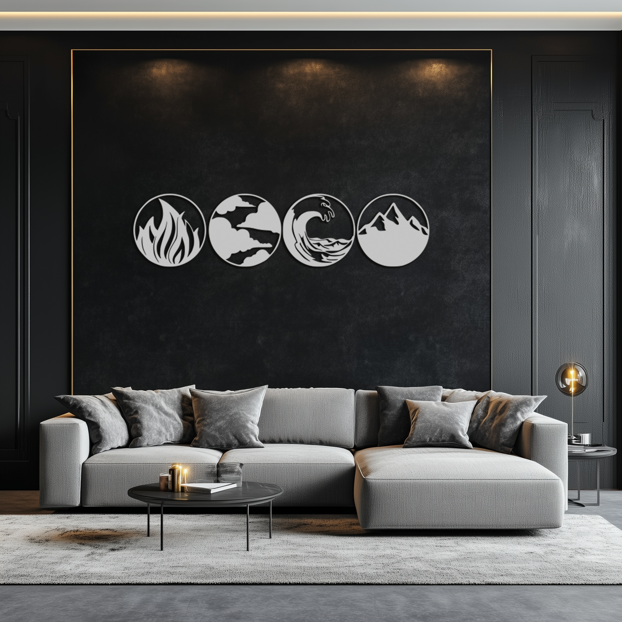 Steel Metal Wall Art Set Four Elements Fire Water Air Earth Handcrafted Geometric
