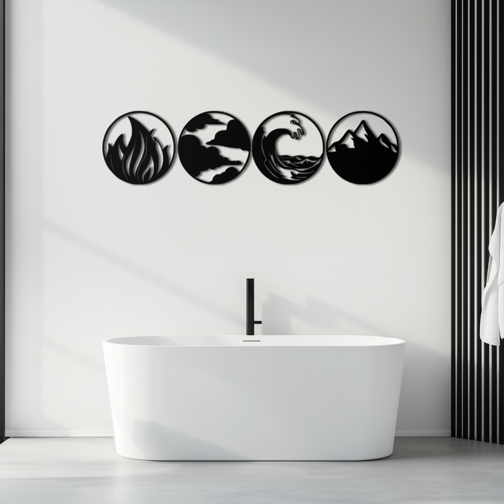 Steel Metal Wall Art Set Four Elements Fire Water Air Earth Handcrafted Geometric