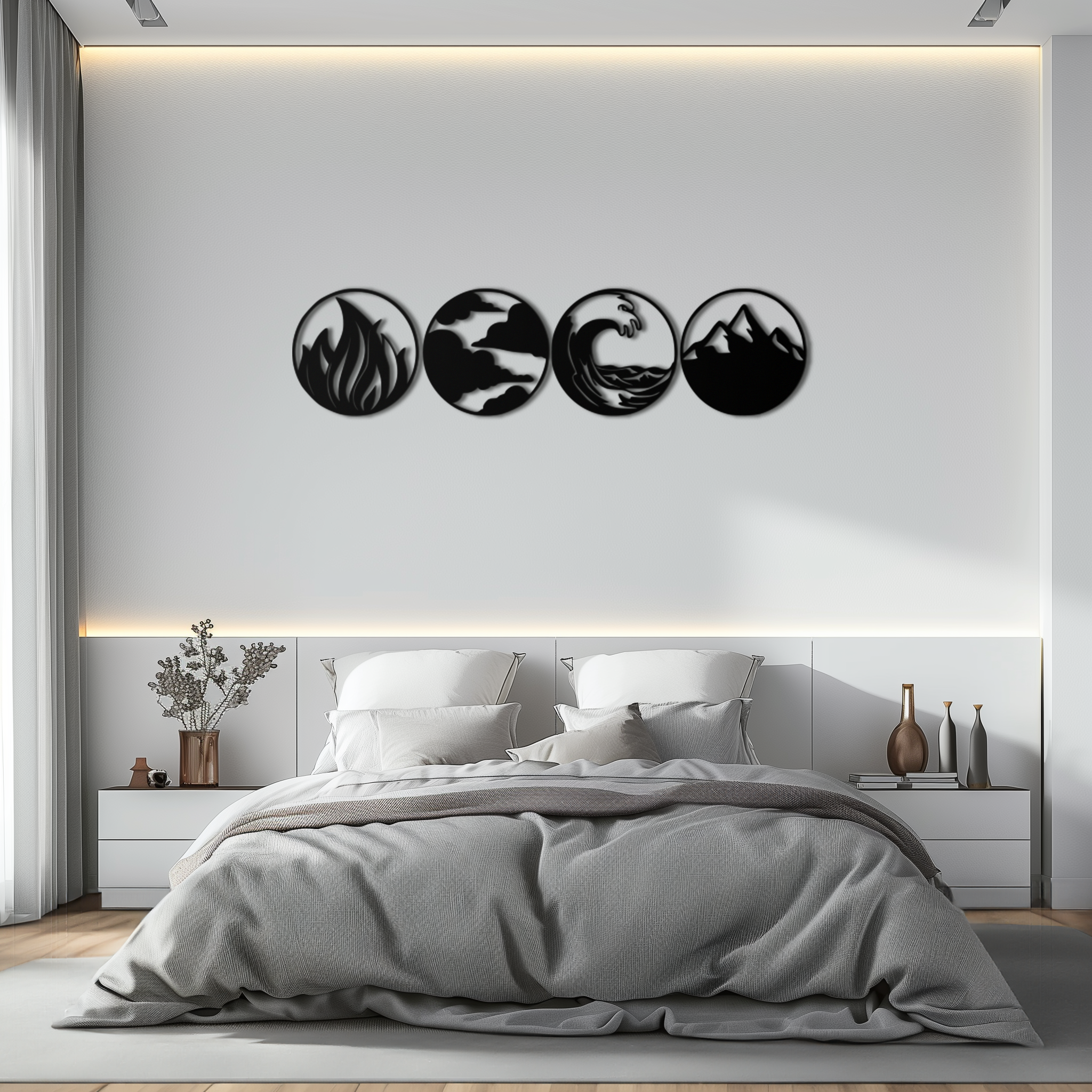 Steel Metal Wall Art Set Four Elements Fire Water Air Earth Handcrafted Geometric