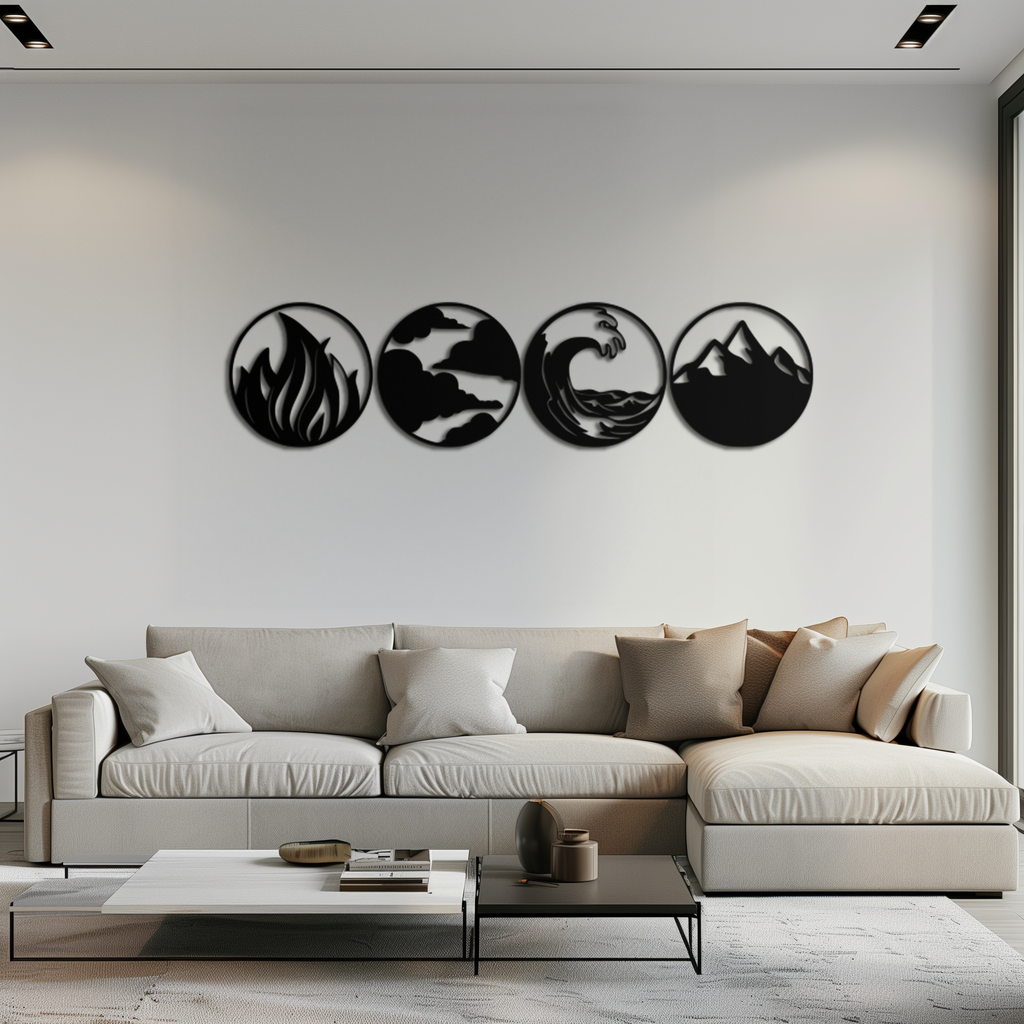 Steel Metal Wall Art Set Four Elements Fire Water Air Earth Handcrafted Geometric