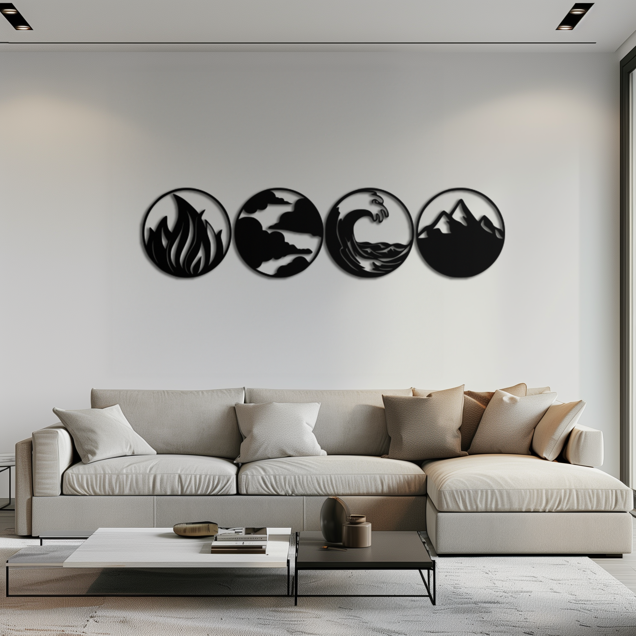 Steel Metal Wall Art Set Four Elements Fire Water Air Earth Handcrafted Geometric