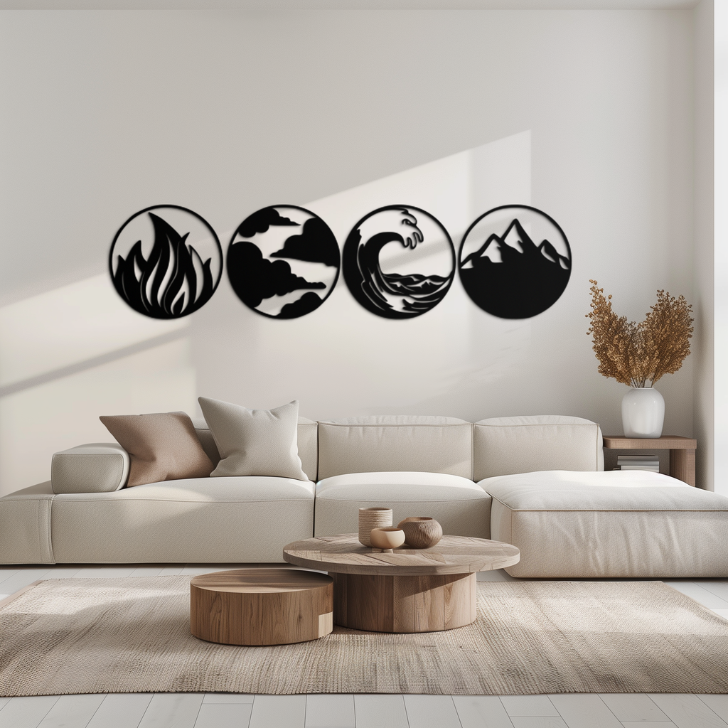 Steel Metal Wall Art Set Four Elements Fire Water Air Earth Handcrafted Geometric