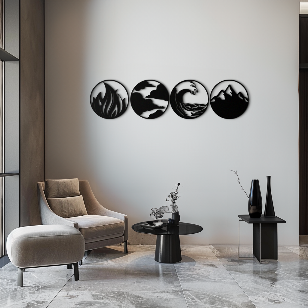 Steel Metal Wall Art Set Four Elements Fire Water Air Earth Handcrafted Geometric