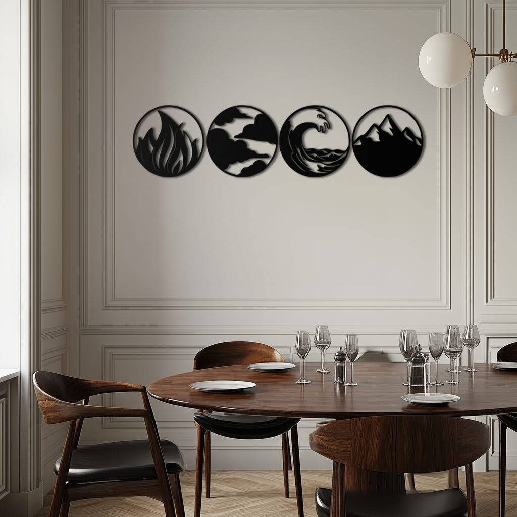 Steel Metal Wall Art Set Four Elements Fire Water Air Earth Handcrafted Geometric