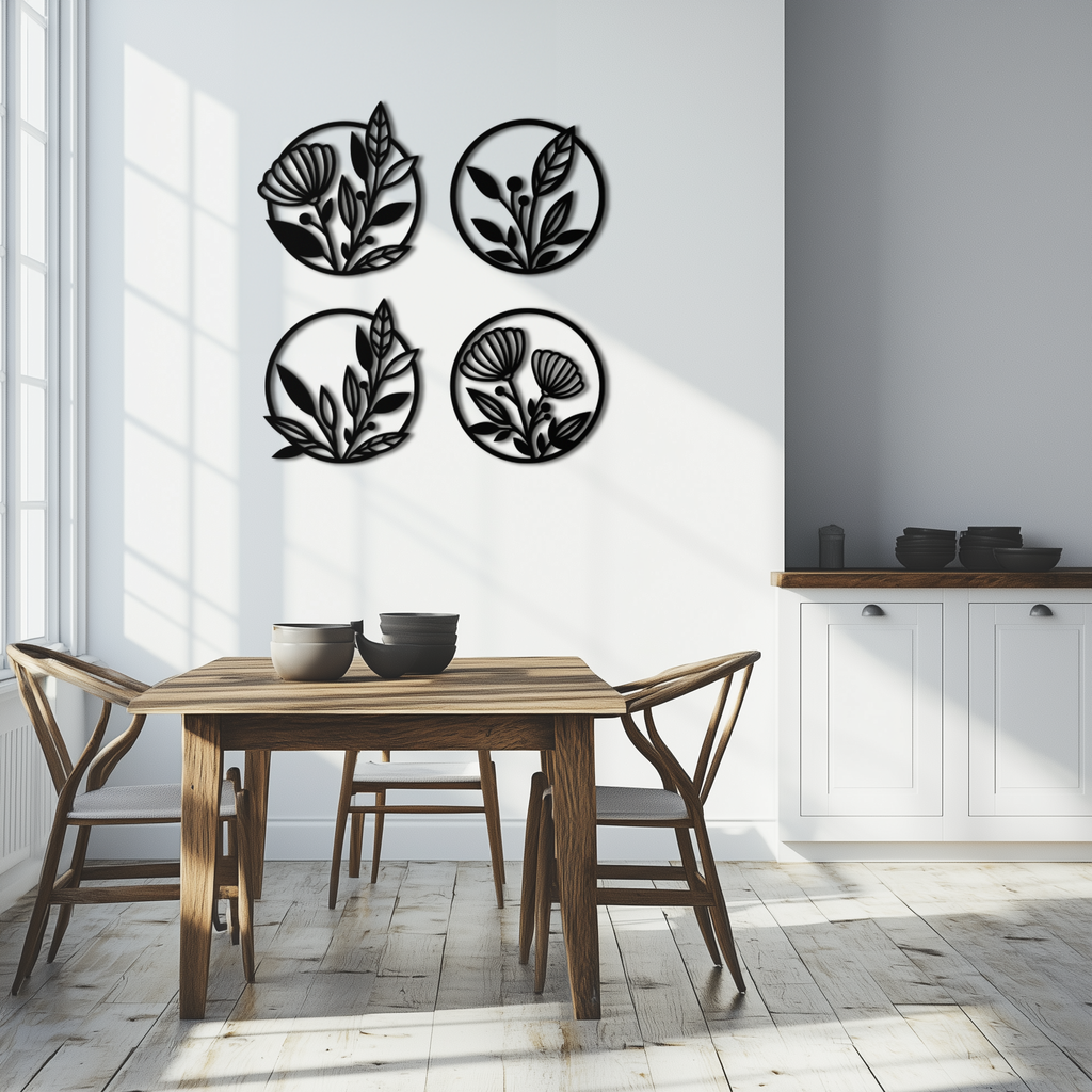 Metal Floral Botanical Wall Art - Laser-Cut Circle Designs Four-Piece Collection