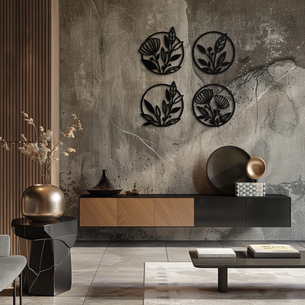 Metal Floral Botanical Wall Art - Laser-Cut Circle Designs Four-Piece Collection