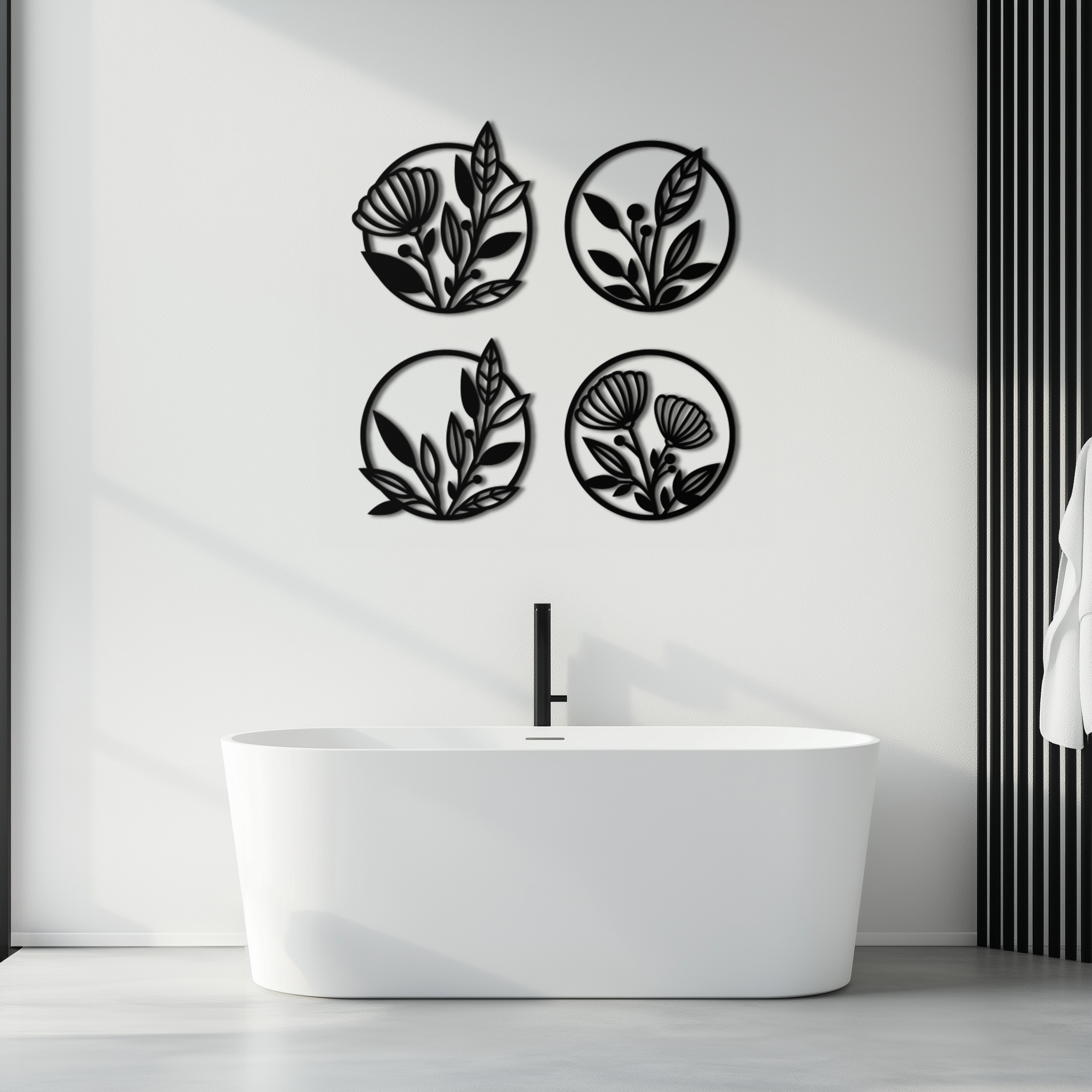 Metal Floral Botanical Wall Art - Laser-Cut Circle Designs Four-Piece Collection