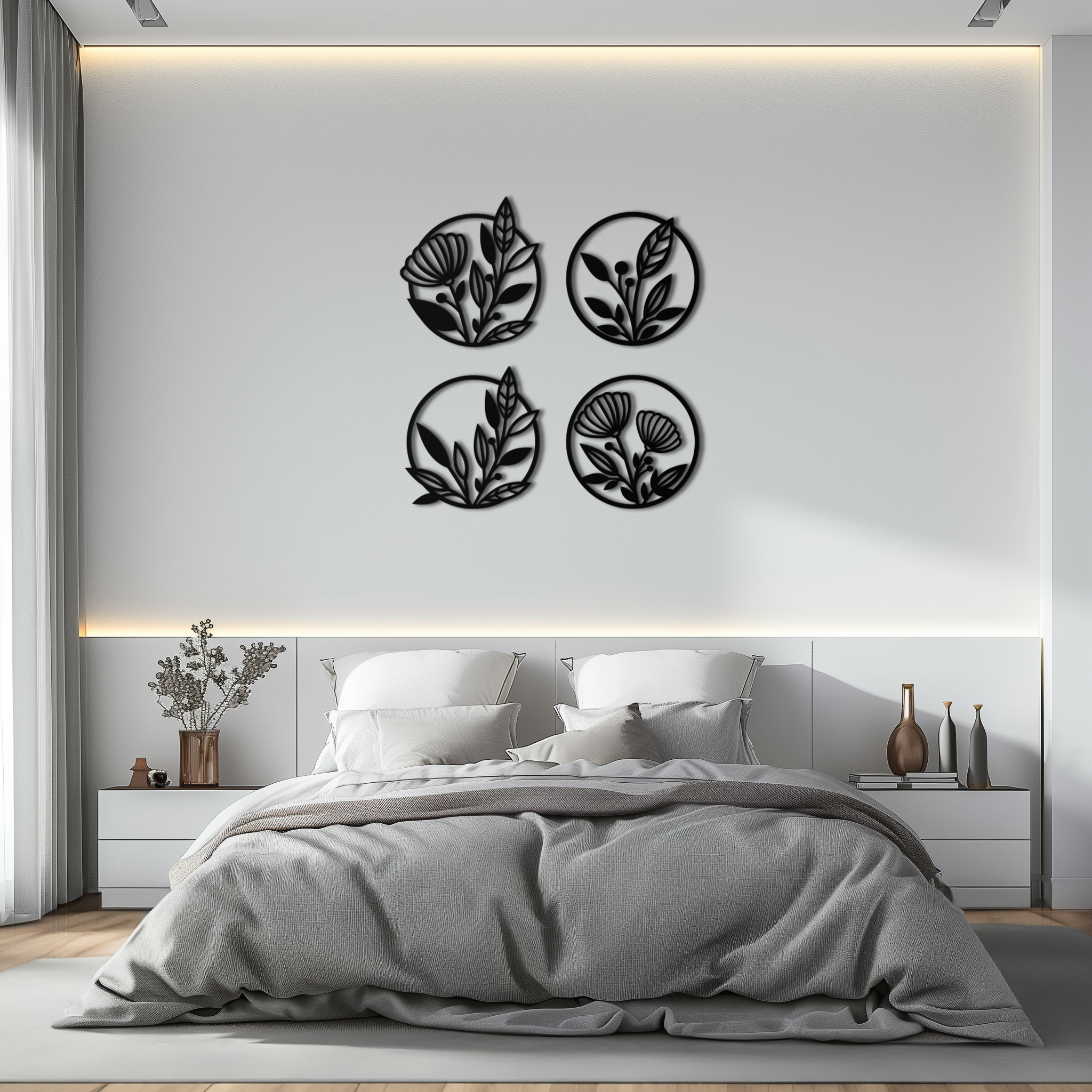 Metal Floral Botanical Wall Art - Laser-Cut Circle Designs Four-Piece Collection