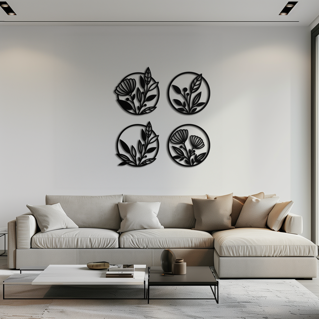 Metal Floral Botanical Wall Art - Laser-Cut Circle Designs Four-Piece Collection