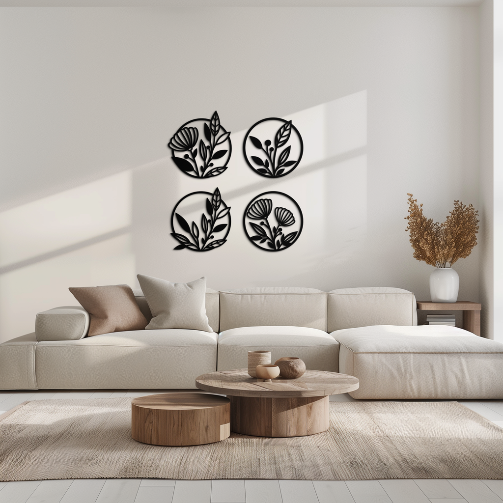 Metal Floral Botanical Wall Art - Laser-Cut Circle Designs Four-Piece Collection