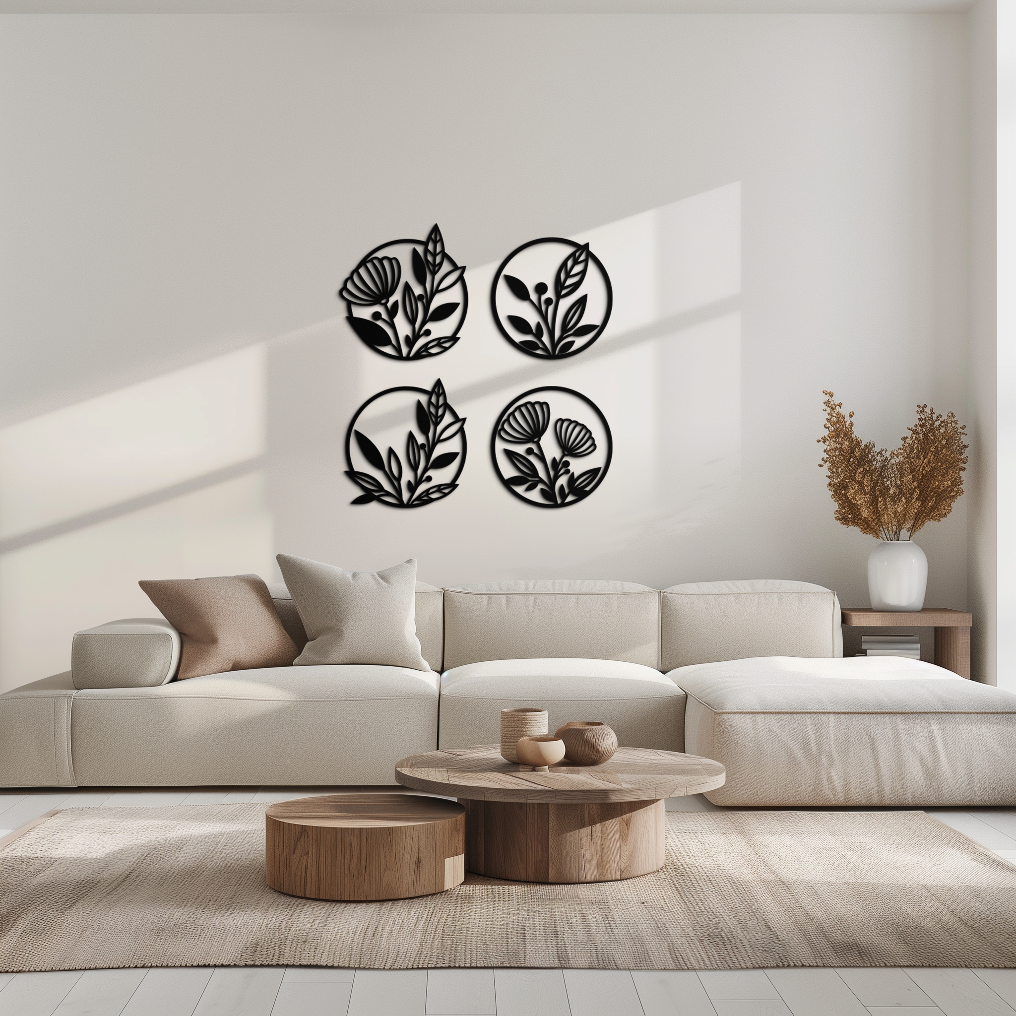 Metal Floral Botanical Wall Art - Laser-Cut Circle Designs Four-Piece Collection