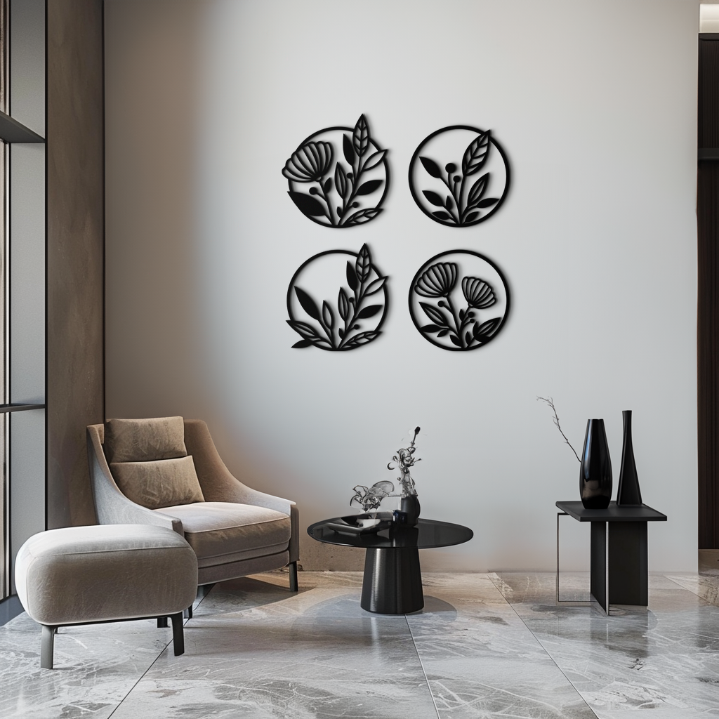 Metal Floral Botanical Wall Art - Laser-Cut Circle Designs Four-Piece Collection