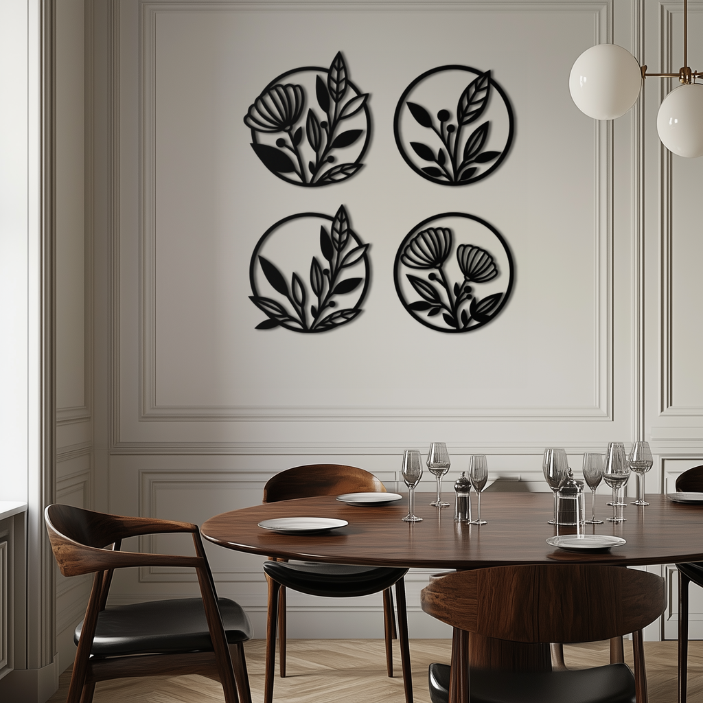 Metal Floral Botanical Wall Art - Laser-Cut Circle Designs Four-Piece Collection