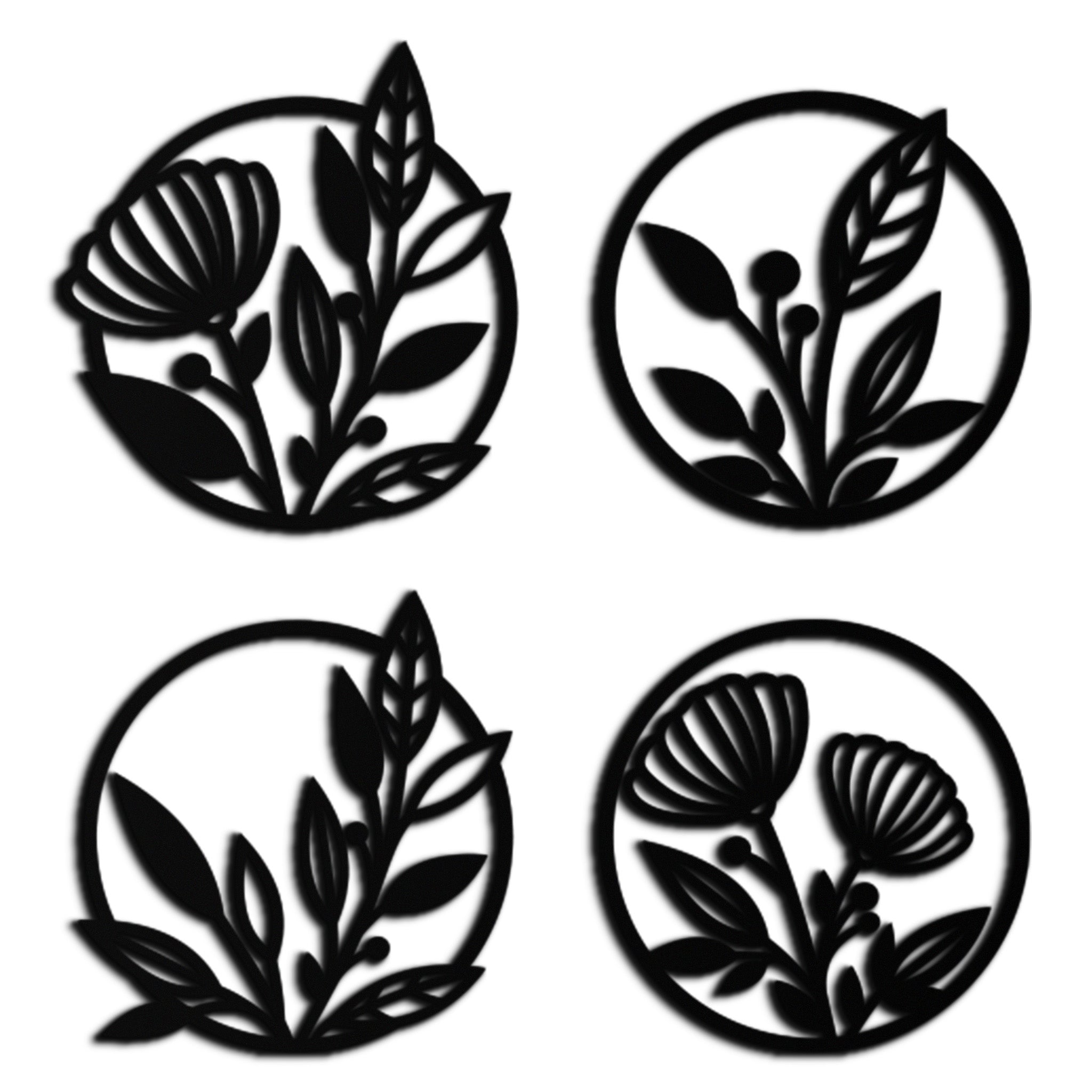 Metal Floral Botanical Wall Art - Laser-Cut Circle Designs Four-Piece Collection