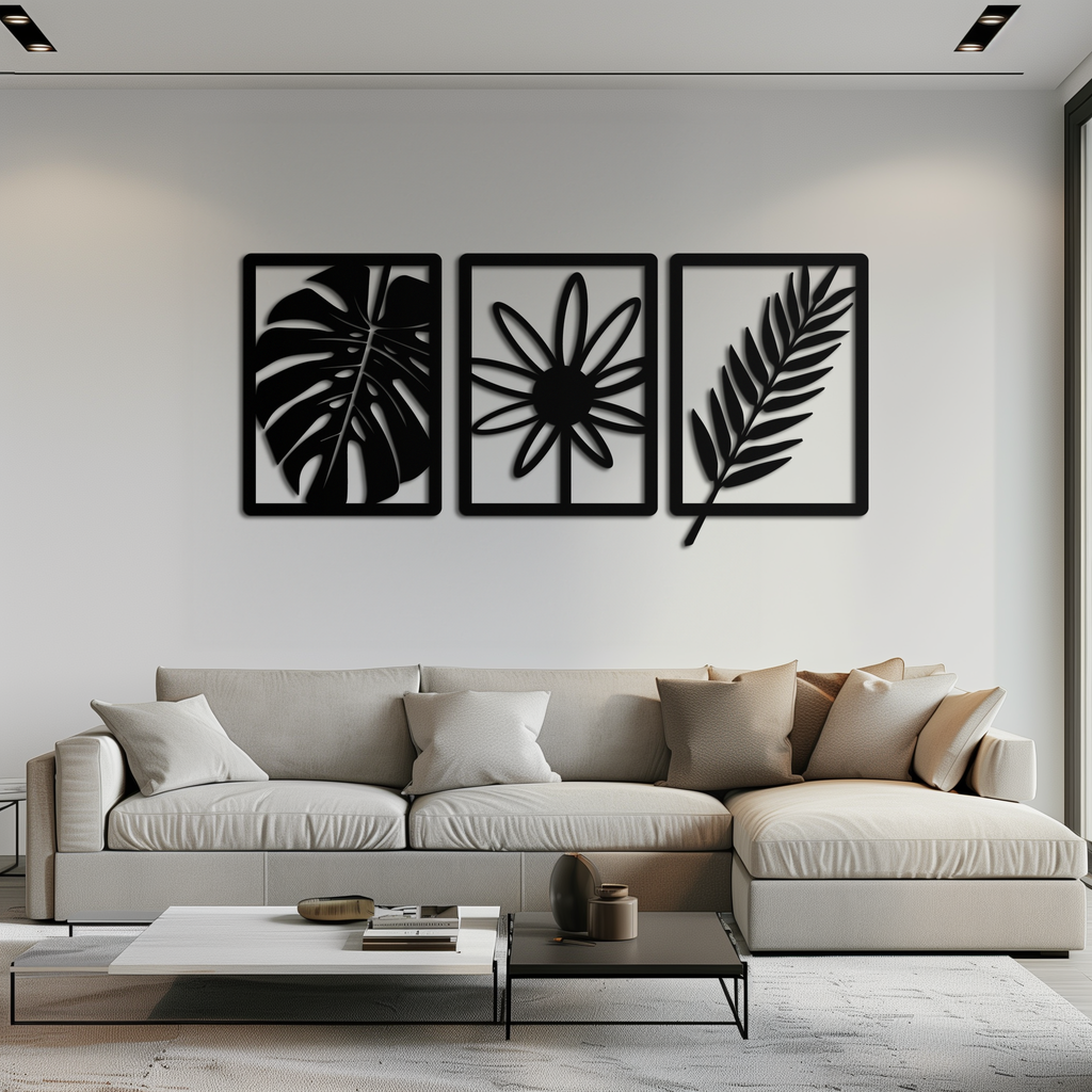 Botanical Metal Wall Art Set - Minimalist Tropical Leaf Design