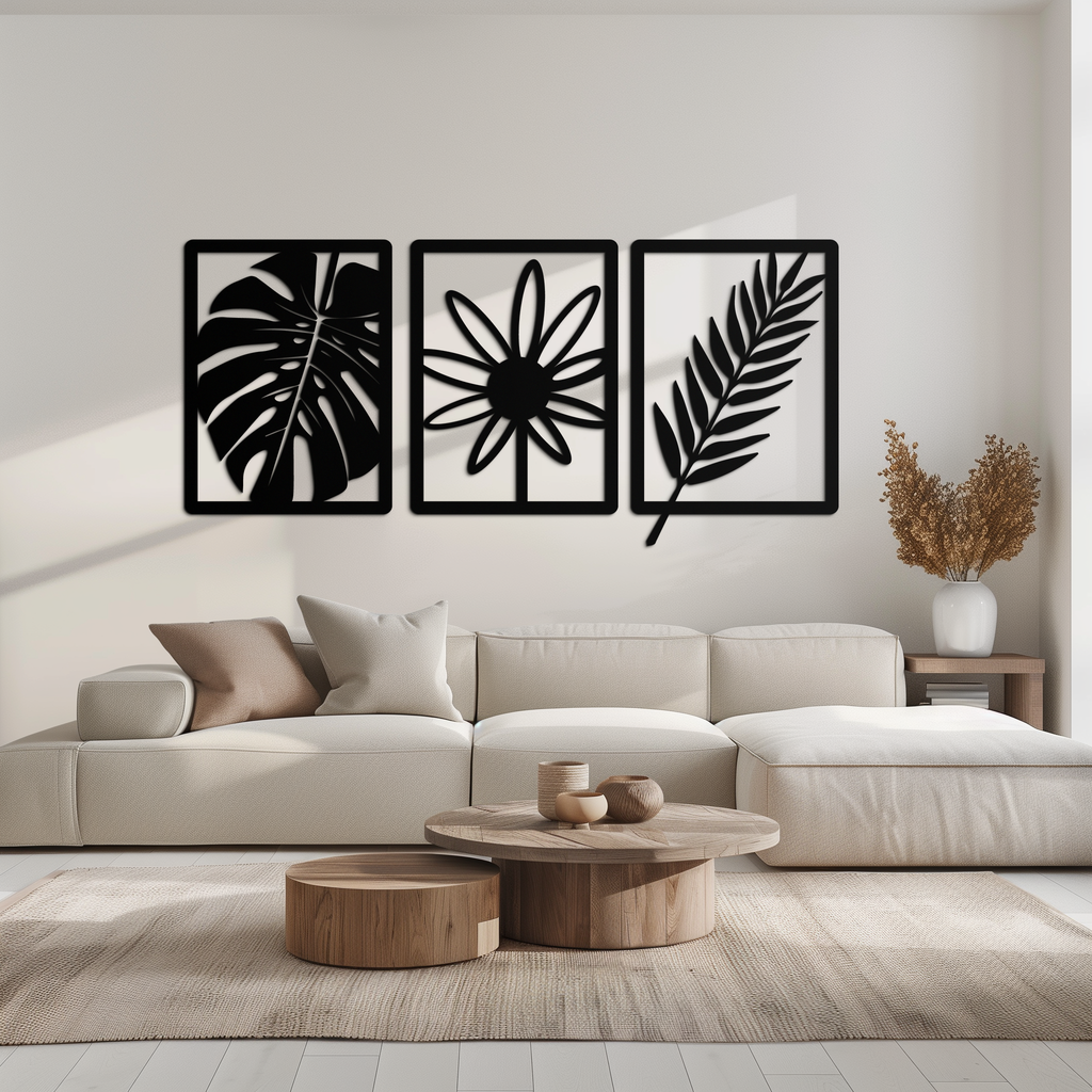 Botanical Metal Wall Art Set - Minimalist Tropical Leaf Design