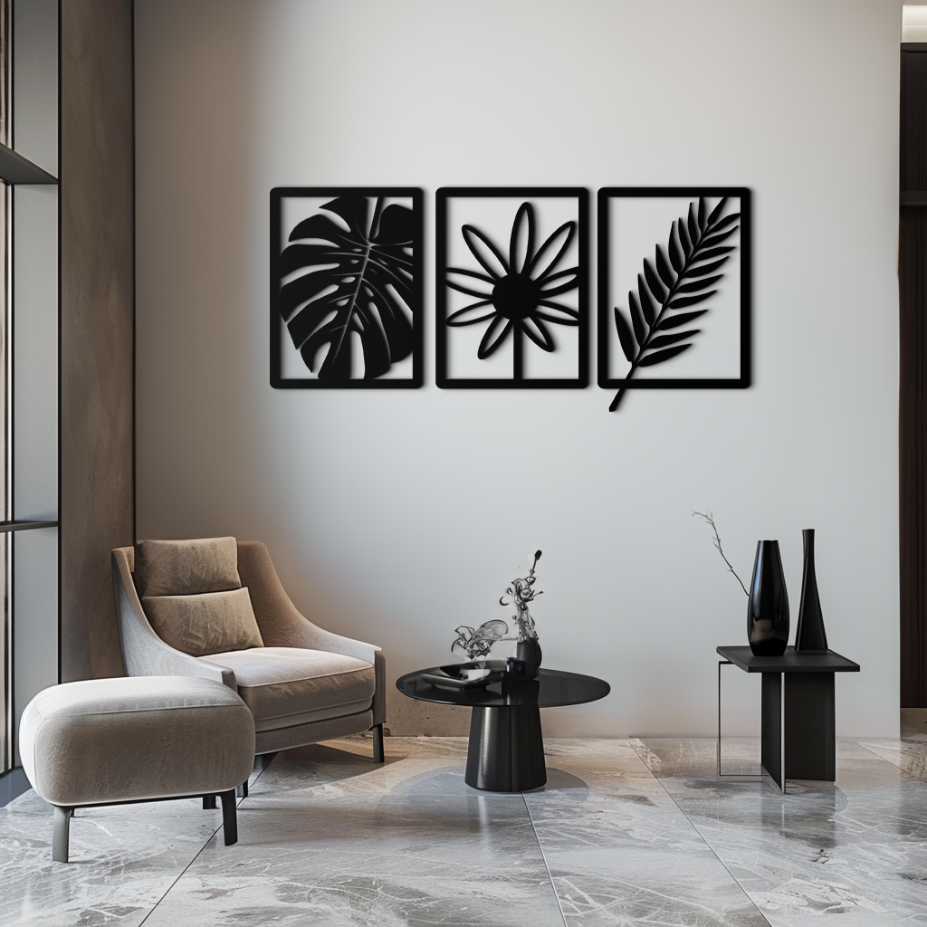 Botanical Metal Wall Art Set - Minimalist Tropical Leaf Design