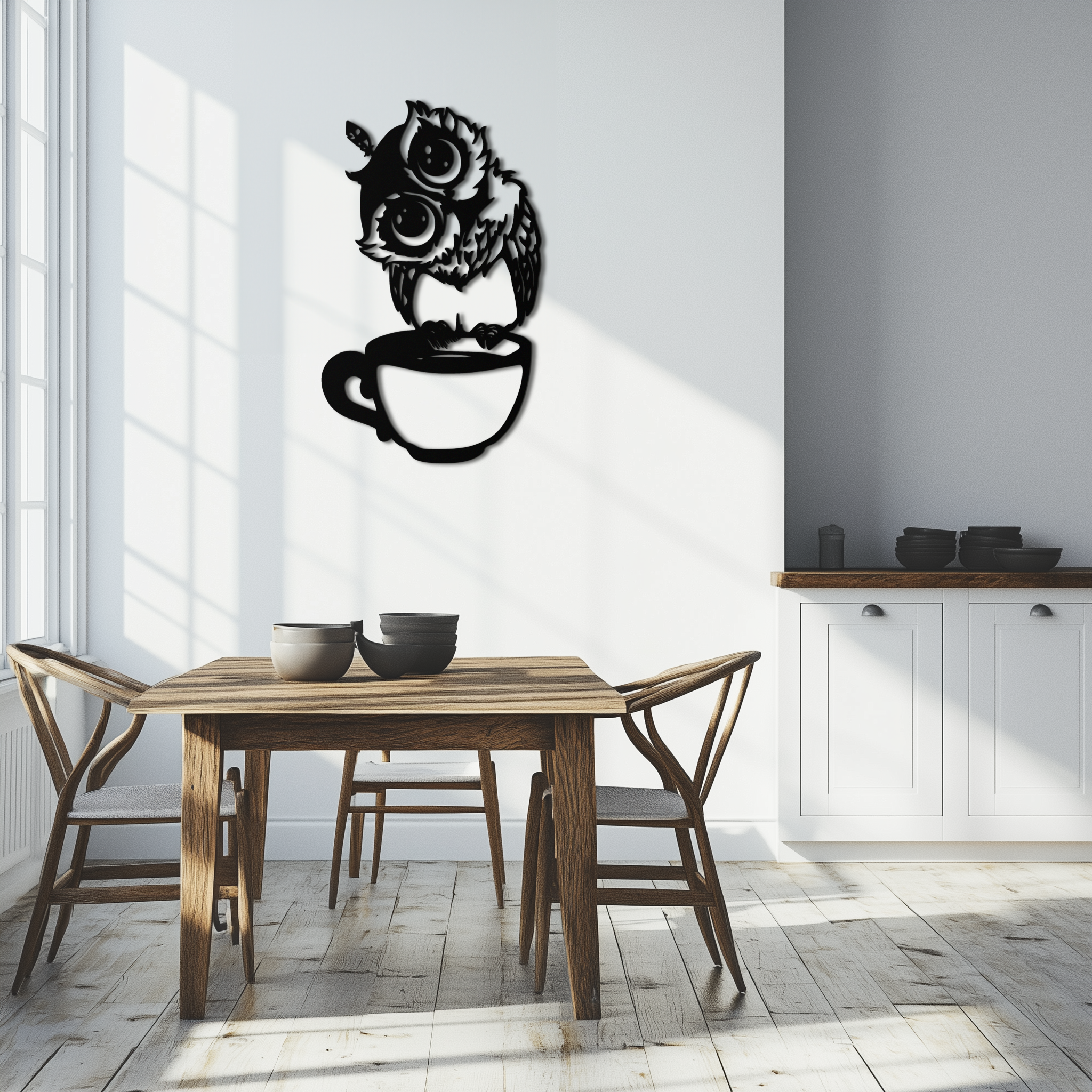 Metal Wall Art Sleepy Owl Coffee Cup Design - Quirky Home Decor for Coffee Lovers
