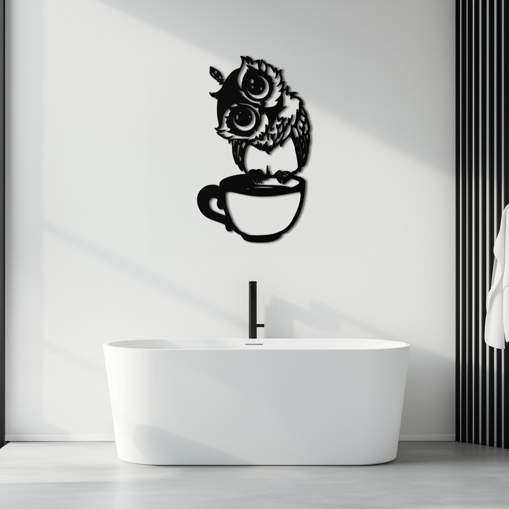 Metal Wall Art Sleepy Owl Coffee Cup Design - Quirky Home Decor for Coffee Lovers