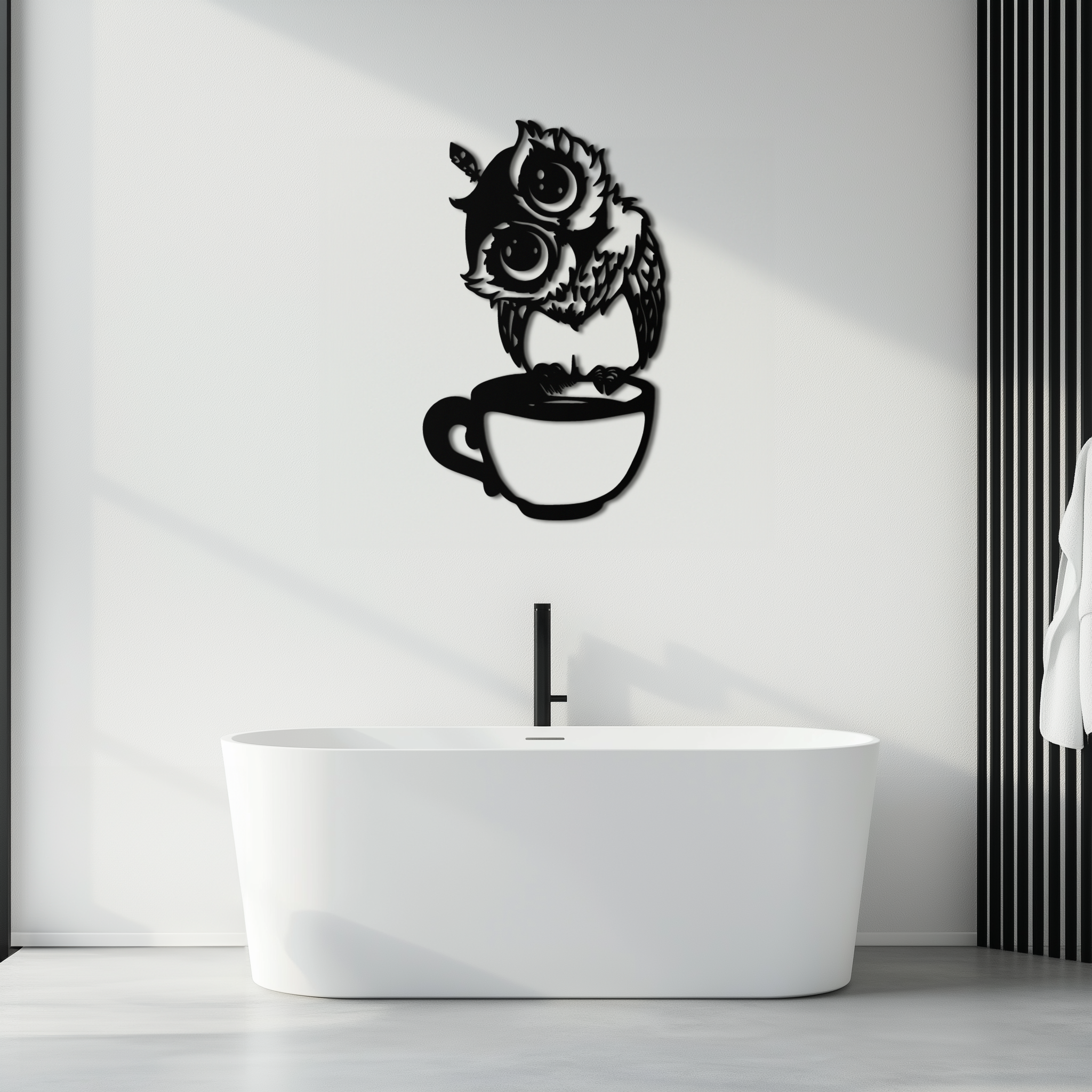 Metal Wall Art Sleepy Owl Coffee Cup Design - Quirky Home Decor for Coffee Lovers