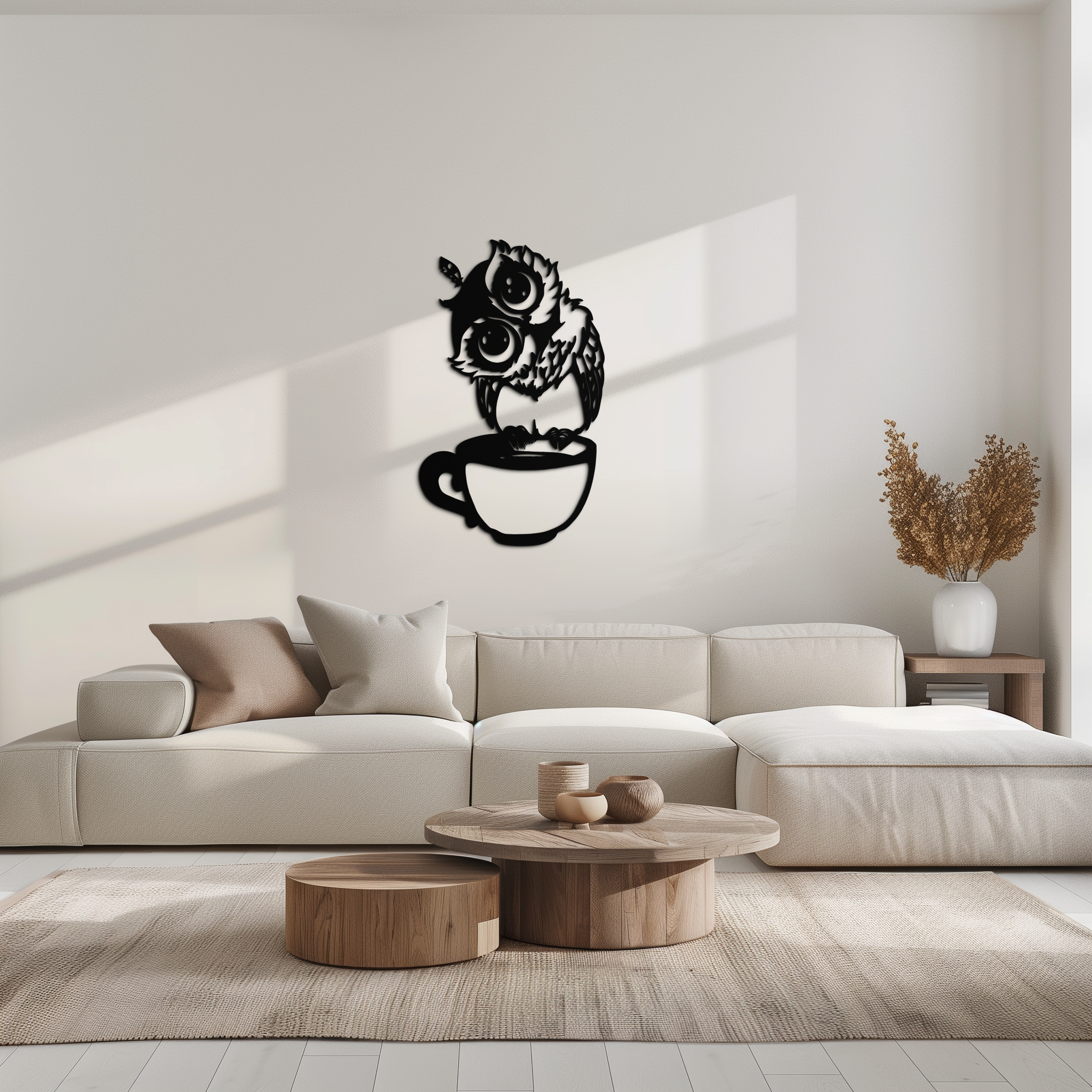 Metal Wall Art Sleepy Owl Coffee Cup Design - Quirky Home Decor for Coffee Lovers