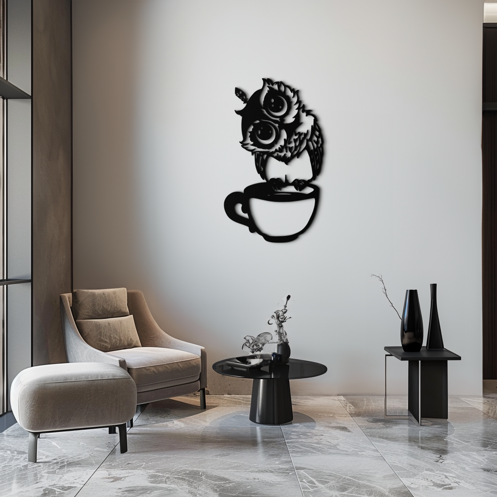 Metal Wall Art Sleepy Owl Coffee Cup Design - Quirky Home Decor for Coffee Lovers